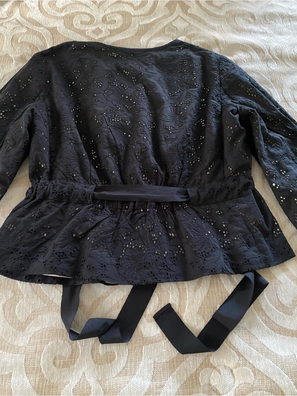 LOFT Eyelet Peplum Jacket Black Tie Waist Cotton Size 10 - Picture 9 of 14